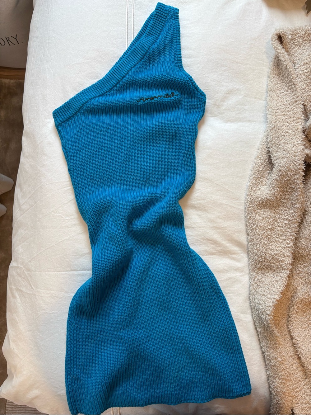 Simon Miller One-Shoulder Ribbed Knit Dress in Teal Blue